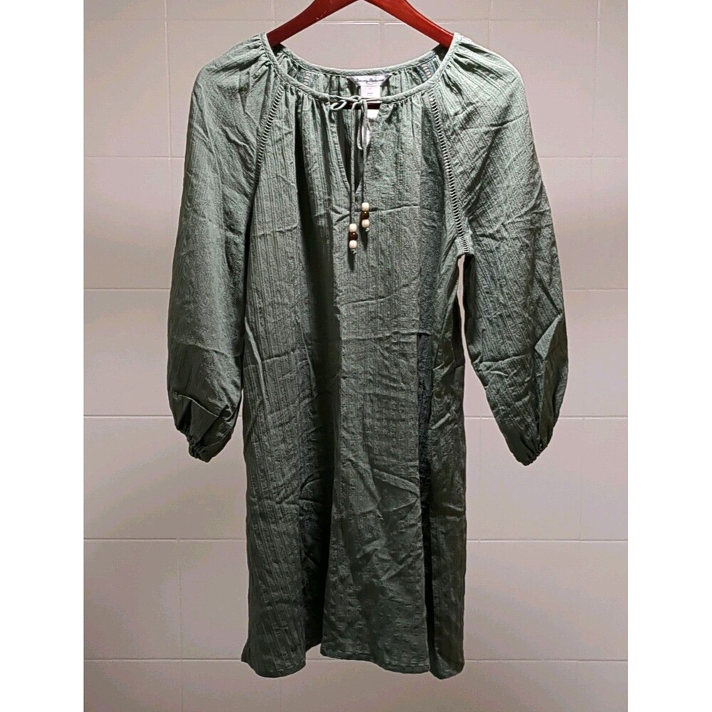 Tommy Bahama Green Shift Dress Women's L Round Neck 3/4 Sleeve Beaded Tie